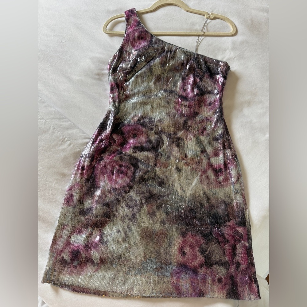 Adrianna Papell One Shoulder Sequin Dress - Purple and Silver